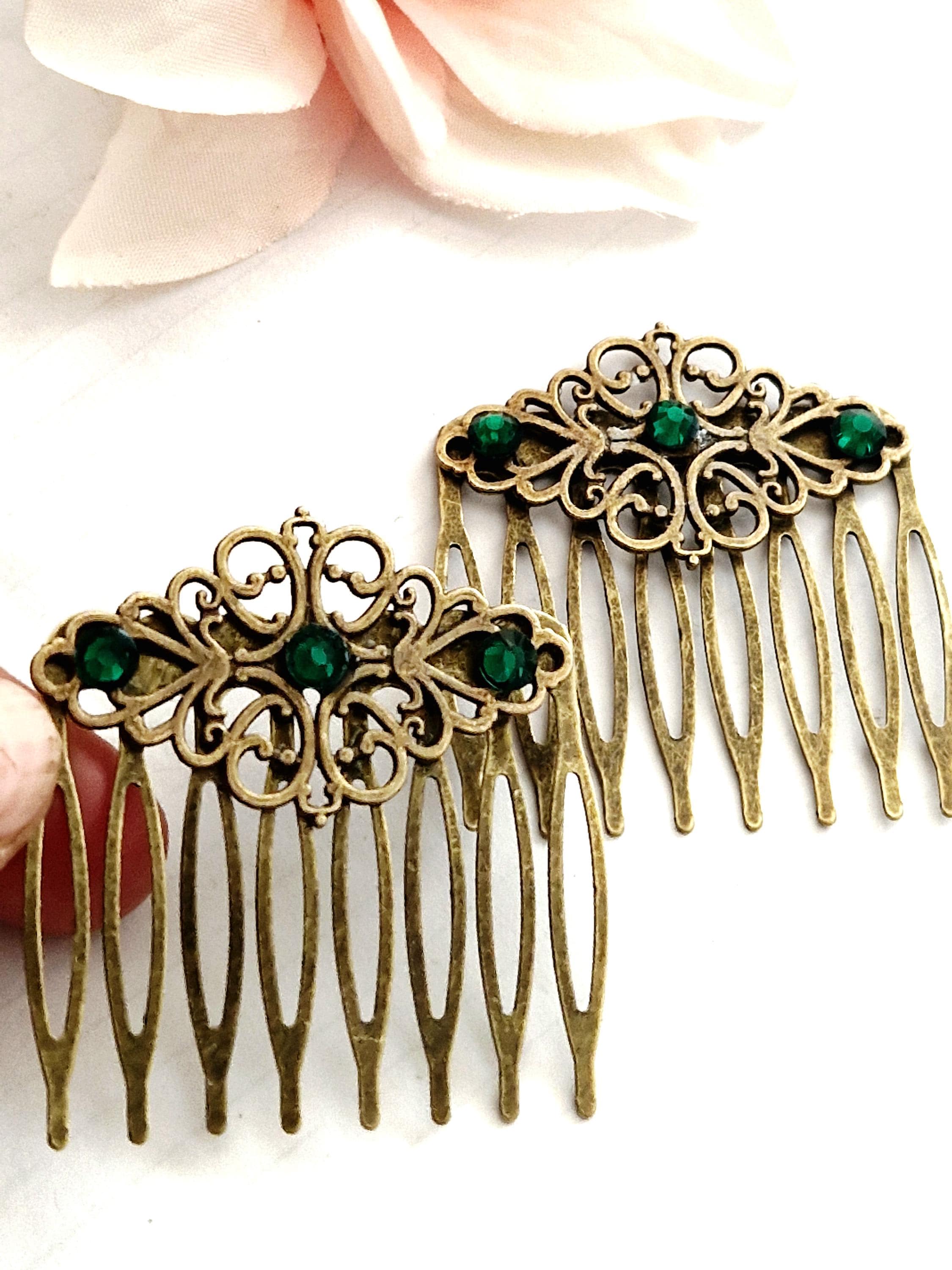 Emerald Rhinestone Bronze Hair Combs, Vintage Victorian  display picture 2