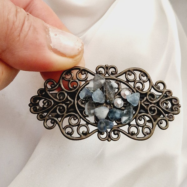 Bronze Filigree Barrette with Natural Stones, Vintage Style