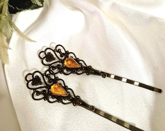 Conjunto de 2 presilhas de cabelo em bronze com pedra preciosa âmbar, estilo vitoriano, filigrana, inspiração vintage, brilhantes, para casamento, estilo retrô, com aparência antiga, feitas à mão.