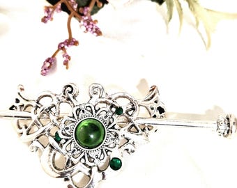Silver Celtic knot hair pin with green gemstones,handcrafted, wedding,bridal, bridesmaid, prom, bun holder, hair stick,swirl, spiral,crystal