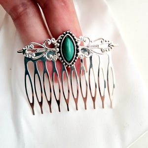 Green natural stone silver hair comb,filigree, medium size,vintage inspired  handmade, gift for her,Chritmas gift ideas for her