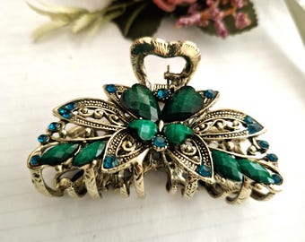 Emerald rhinestones and crystal gold hair claw,vintage inspired, large claw clip,retro, sparkling,antique gold ,handmade,high quality