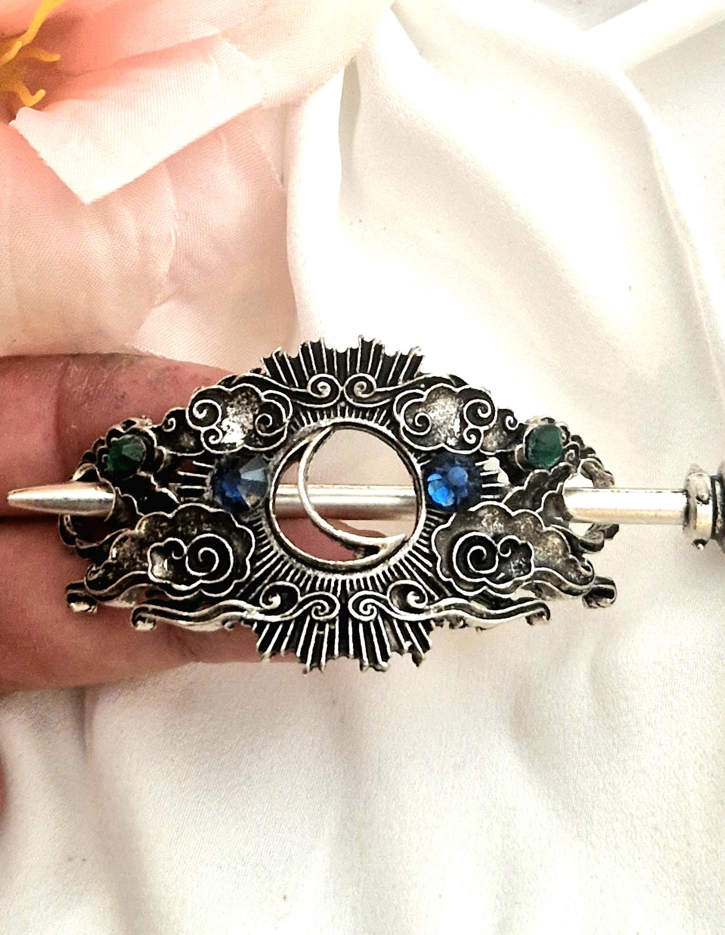 Hemimorphite Large Eclectic Silver Artisan Hair Pin, 3.9” (Mint to Sage Green) Ancient Silver Celtic Hair Pin With Emerald and Sapphire  main image 4