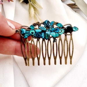 Set of 2 Abalone shell bronze hair comb,blue shells,handmade, medium size,natural seashell,non slip hair comb,gift for her