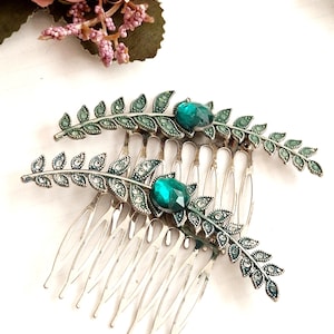 Lot de 2 peignes de mariée en cristal vert, forme de feuille, mariage, cristal émeraude, mousseux, fait main, grand peigne de mariée