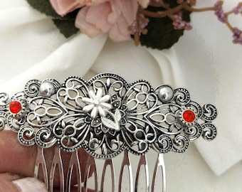 ビクトリア朝のフィリグリーヘアコーム、アンティークシルバー、赤い宝石