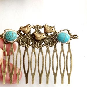 Turquoise natural stones bronze hair comb,birds,Celtic hair comb,antique, vintage inspired, handmade, high quality, ancient bronze hair comb