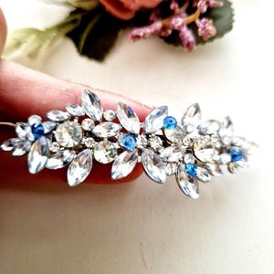 Blue rhinestones silver crystal barrette, sparkling, leaves barrette clip,wedding barrette clip,bridal hair barrette, bridesmaid barrette