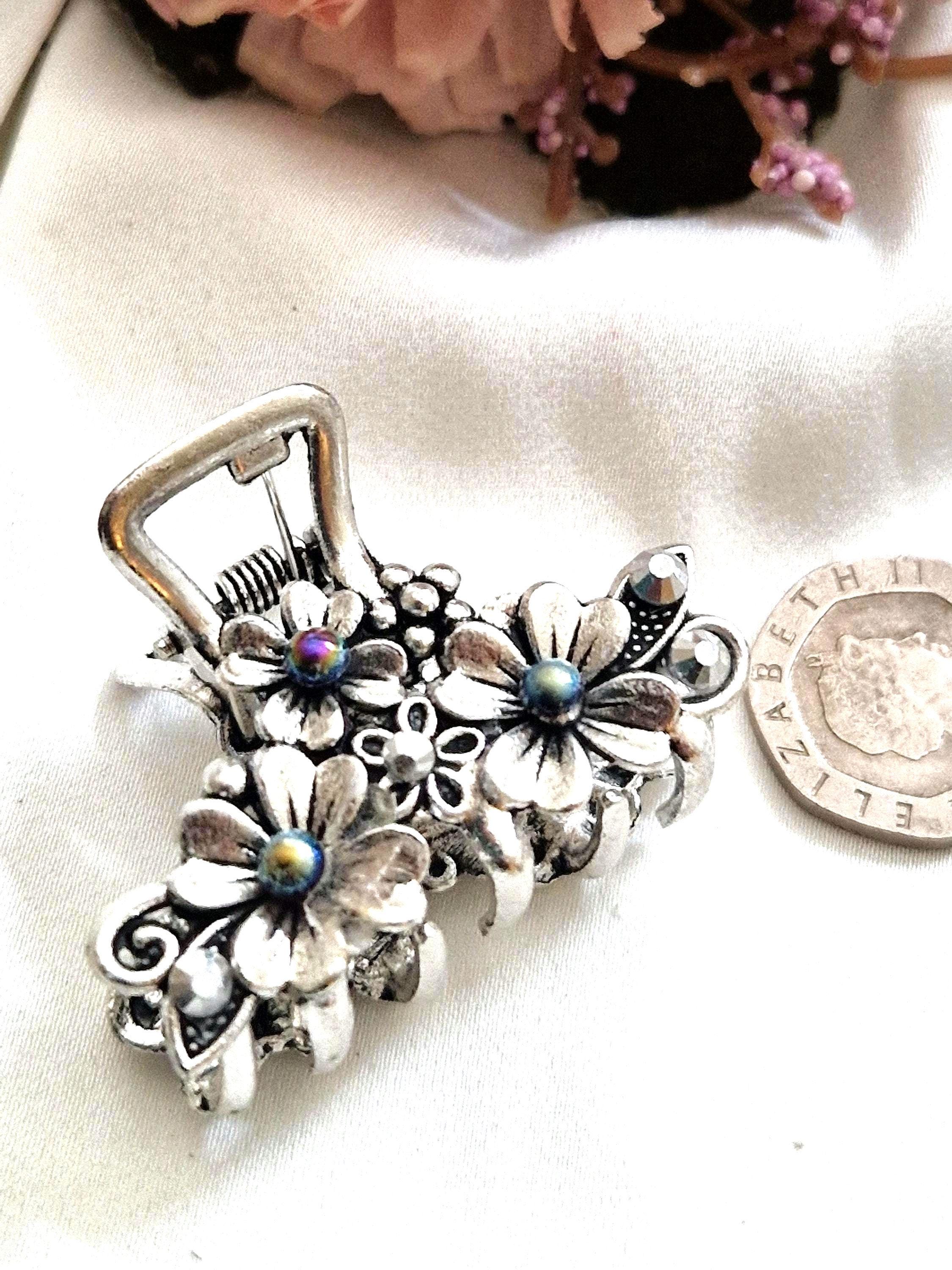 Antique Silver Floral Hair Claw, Rhinestone Gem, Handmade - Etsy