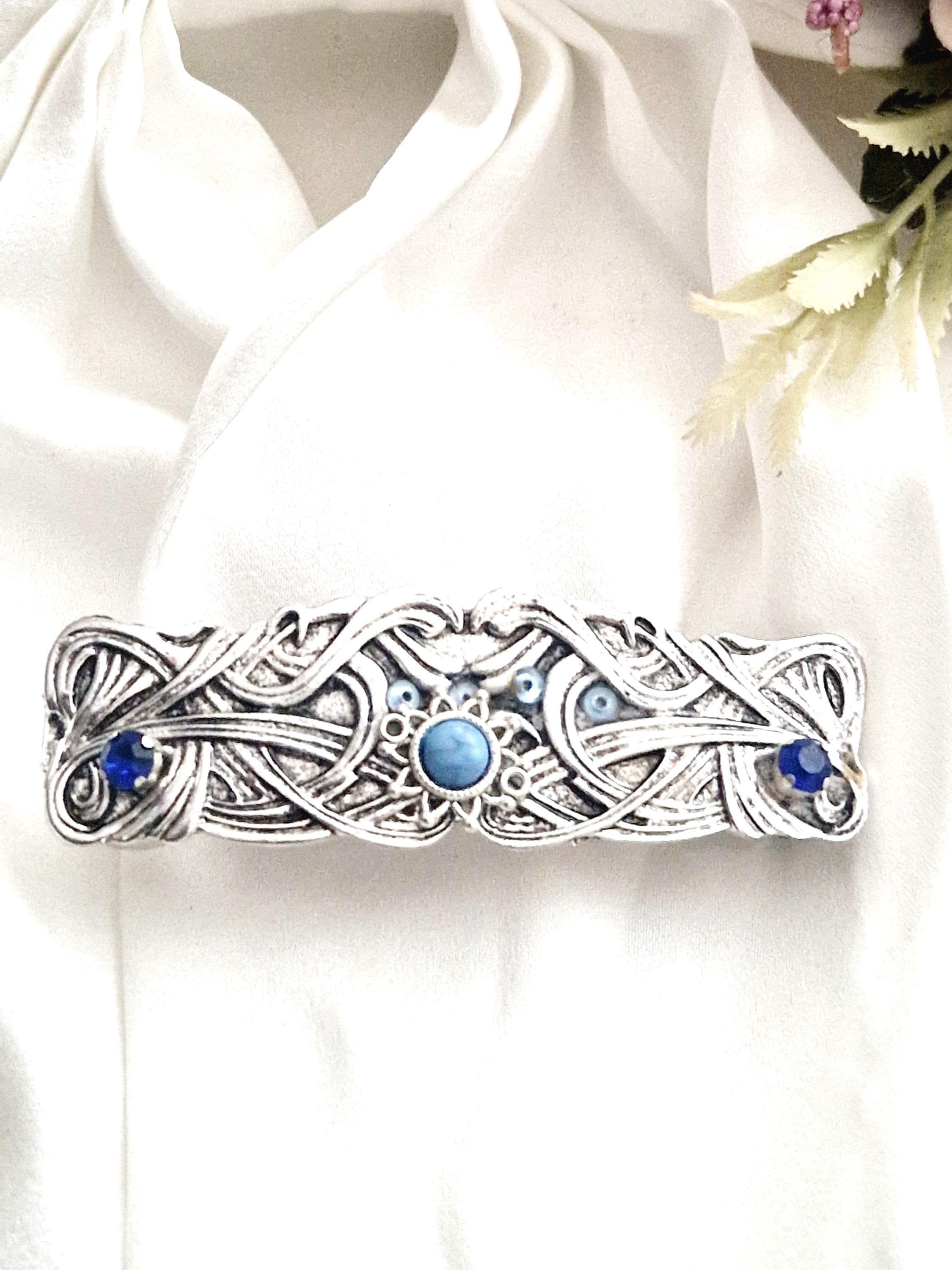 Superbe Barrette à Cheveux Argent, Turquoise Et Cristal Aqua, 3.5 Pouces