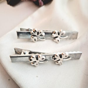 set of 2 silver hair clips,alligator clip,minimalist,flowers,crocodile, handmade, Celtic hair slide,silver side clip,metal hair clip