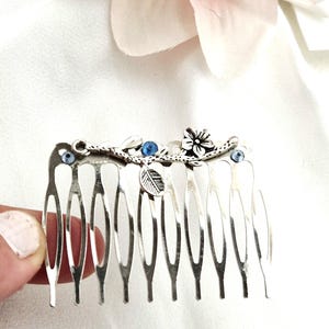 Silver minimalist hair comb with blue rhoem, sparkling, wedding, leaves,lrish hair comb,bridal, bridesmaid, prom,anniversary, hair piece