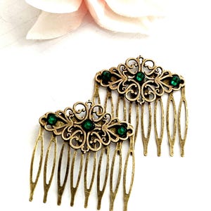 Set of 2 vintage inspired bronze hair combs with emerald rhinestones, sparkling, retro,Victorian style, wedding, bride,bridesmaid, prom
