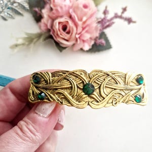 Antique gold large Celtic barrette, emerald rhinestones, handmade, high quality, sparkling, Nordic, thick hair,Chritmas gift ideas, non slip
