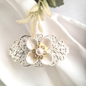 Silver plated small filigree barrette,white pearl flower, wedding,bridal,anniversary  gift for mum,non slip,pearl barrette, vintage inspired