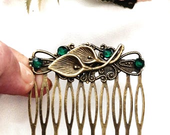 Peigne à Chignon Art Déco Doré - Orné De Strass Blanc Et Vert, Style Années 1920