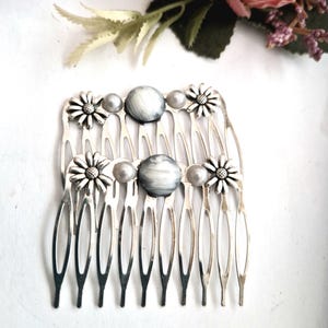 Set of 2 light grey stones silver hair combs,Celtic,Irish flowers,handmade,silver plated hair comb,non slip,retro style,minimalist hair comb