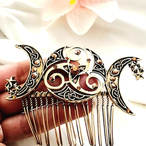 Crescent moon and stars gold hair comb,bridal,bridesmaid,wedding, sparkling hair comb,amber coloured gemstones, tiara style, large hair comb