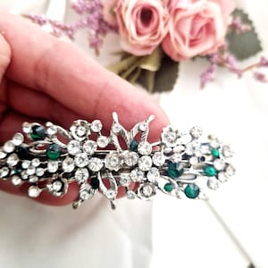 Emerald crystal silver wedding barrette, bridal, sparkling,leaves,crystal and full rhinestones, high quality barrette, bride,Christmas gift