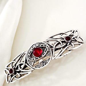 Antique silver Celtic knot barrette with deep red crystals,swirling,handmade,sparkling evil eye,ancient,handmade, spiral, wedding, ruby
