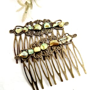 Set of 2 antique bronze abalone shell hair comb,natural stones,retro style,handmade, sea shell,brown,high quality, medium size hair comb