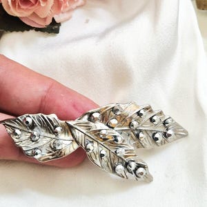 Silver leaf shaped barrette with silver rhinestones, sparkling, wedding, handmade, small to medium size,bridal barrette, bridesmaid barrette