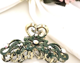 Sage green crystal hair claw,gold,handmade, vintage inspired, wedding claw,sparkling, medium to large size floral hair clamp