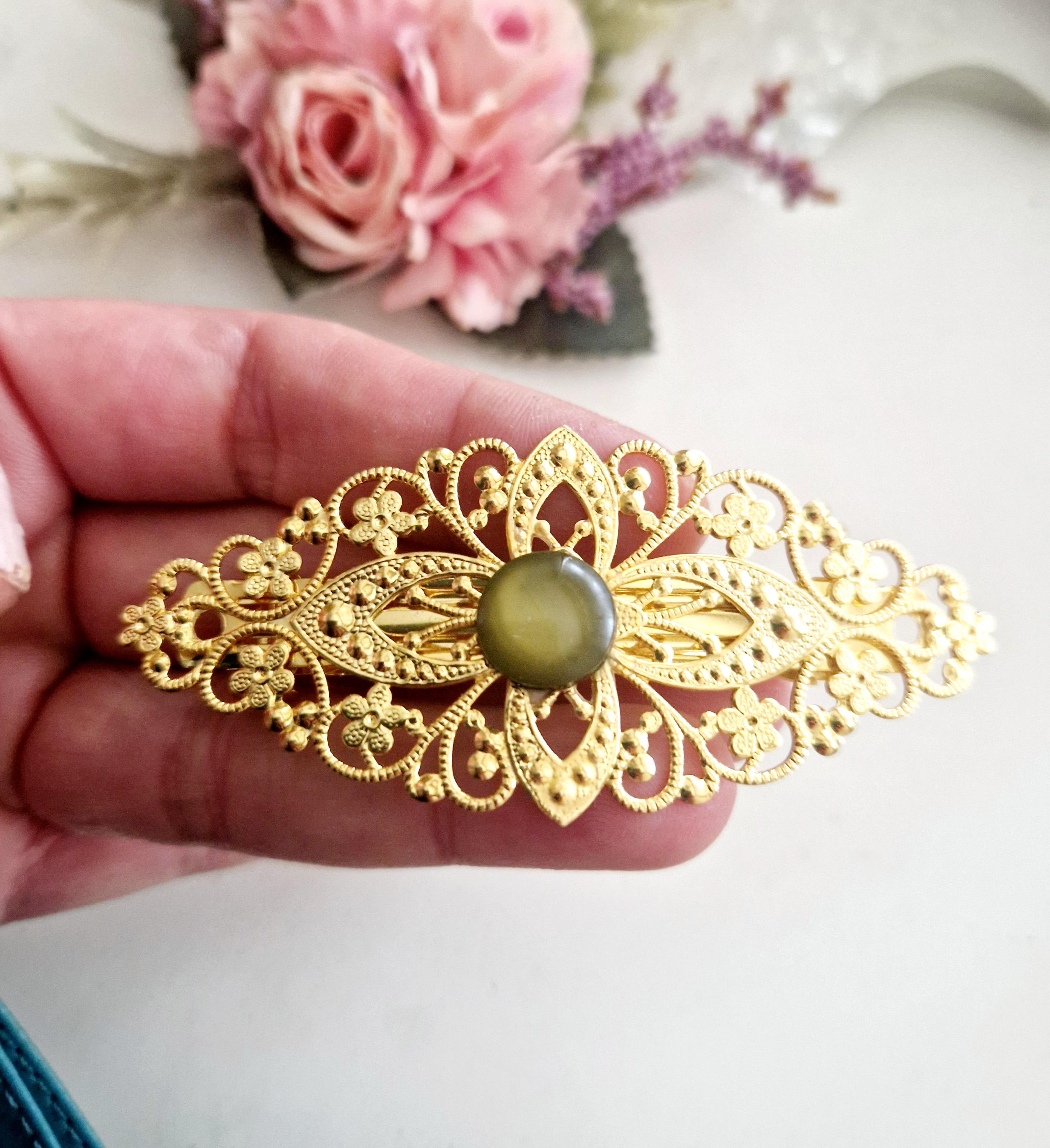 Gold Tone Filagree Green Crystal Floral Barrette 1928 Jewelry Porcelain Rose Filigree Hair Barrette| Rose Jewelry main image 4