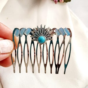 Blue beaded silver hair comb, Sun,sparkling, handmade, medium size, non slip,Celtic hair comb,fused glass,high quality silver hair comb