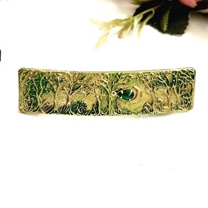 Green gemstone gold Celtic barrette,moon and trees, crescent moon,sparkle, handmade,gold and green barrette, lrish barrette, celestial
