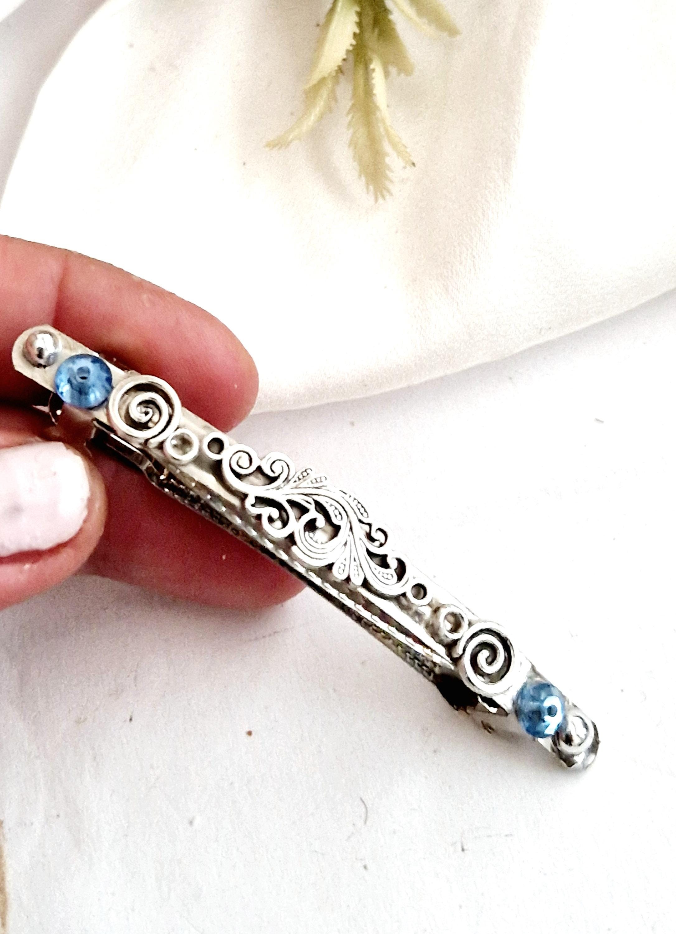 Blue gemstones silver barrette, minimalist, slim,antique silver, handmade, non slip,floral barrette clip