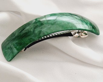 Green Marble Acetate Barrette, Curved Hair Clip for Thick Hair