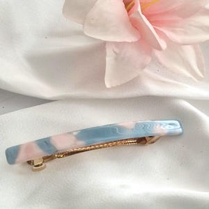 Blue and pink French barrette, resin,acetate, slim barrette, handmade, marble textured, ligh blue ,sleek French barrette, non slip barrette