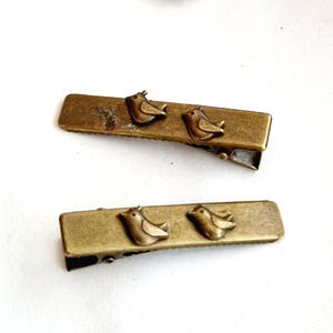 May include: Two antique brass-toned hair barrettes. Each barrette features two small, detailed bird embellishments. The barrettes are rectangular with a hinged clip closure. The birds are facing opposite directions on each barrette.