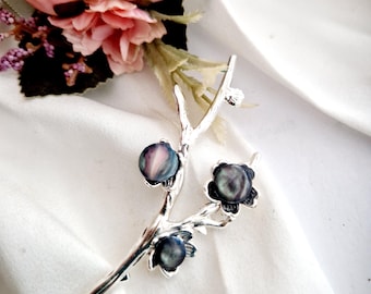 Handmade Silver Plated Floral Hair Stick, Dark Gray Stone Bun Holder