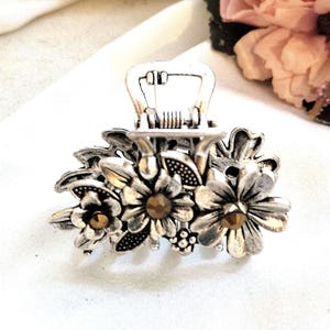 Antique Silver Floral Hair Claw, Amber Gemstones, Small Hair Jaw