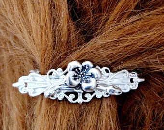 Vintage Hand Made Victorian Flower Sterling Silver Triple Hair Barrette Clip VINTAGE VICTORIAN FILIGREE French Barrette 80mm- Thick Hair  main image 2