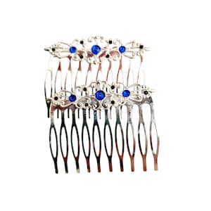Blue rhinestones silver hair combs,high quality,handmade, wedding, bridesmaid, prom,anniversary,medium size,silver plated,filigree hair comb