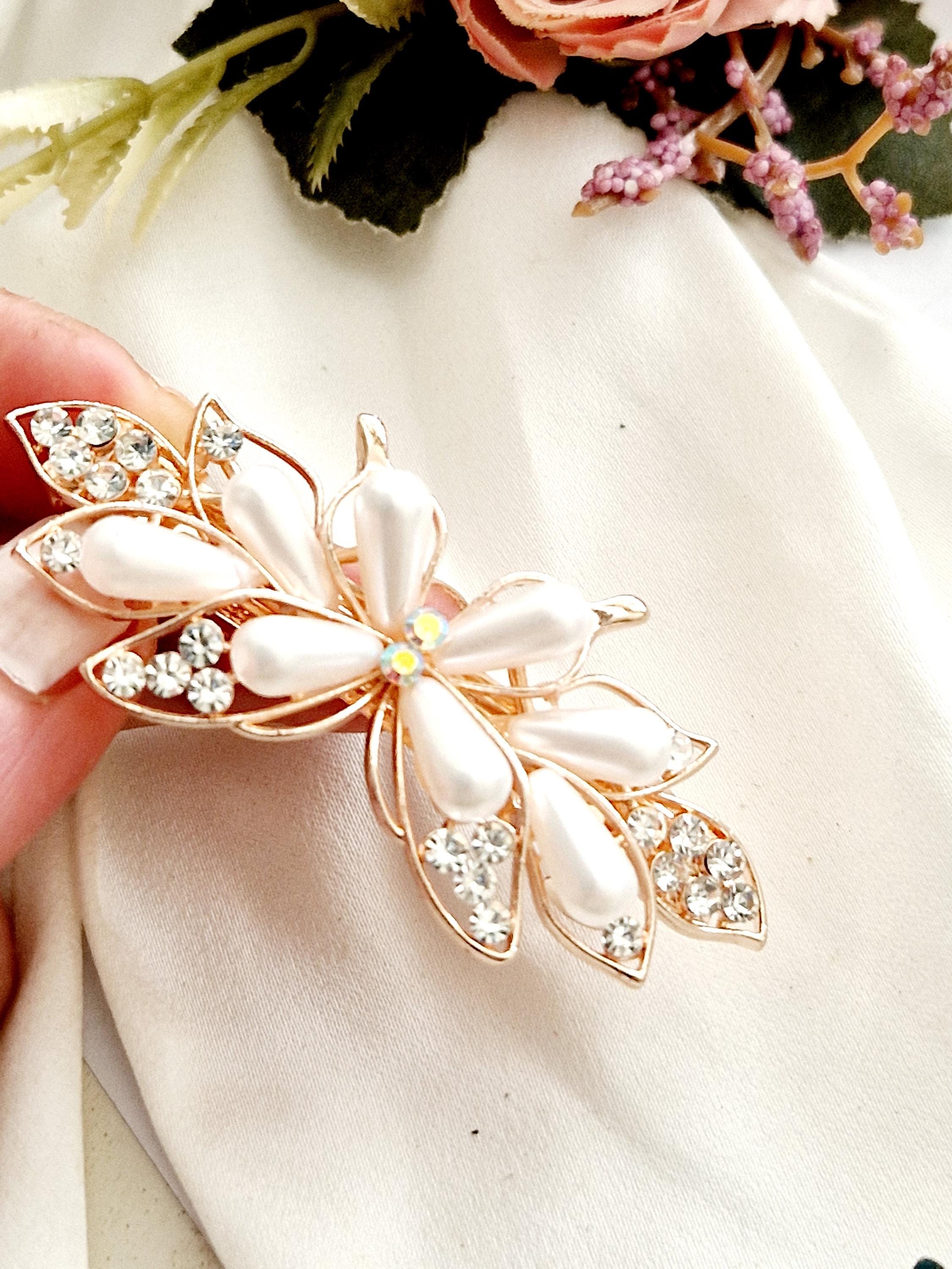 Rose Gold Pearl Crystal Bridal Hair Clip Floral Wedding Barrette NWT Bridal Crystal Pearl White Flower Hair Clip Floral Plant  main image 3