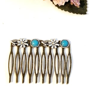 Vintage inspired Blue stones bronze hair comb,vintage inspired, retro style, antique, handmade, floral,non slip,Celtic hair comb