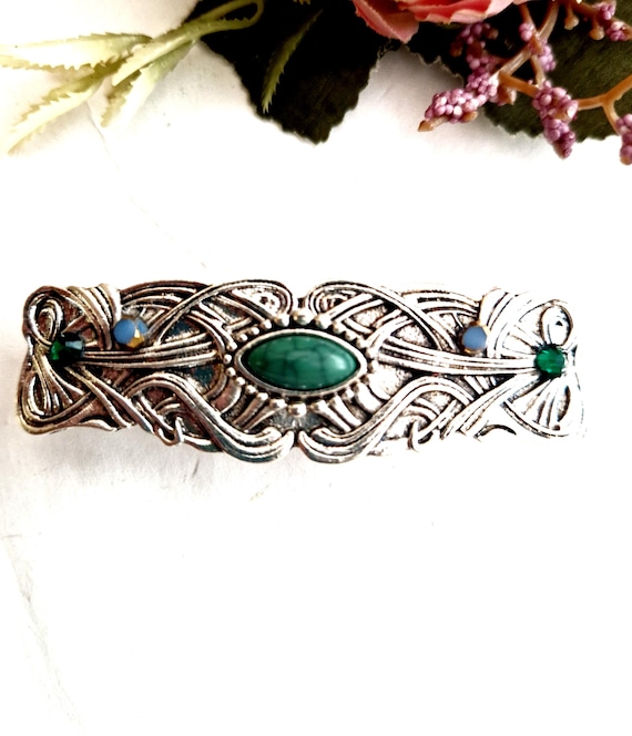 Handmade Silver Celtic Barrette, Green Gemstone Hair Clip - Etsy display picture 3