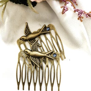 Set of 2 vintage inspired bronze hair comb with birds,blue gemstone,handmade, robin,small hair comb,retro style, non slip, Edvardian style