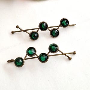 Set of 2 emerald rhinestones bronze hair clips,vintage inspired, antique style, handmade, crystal,geometric, sparkling, retro,Christmas gift