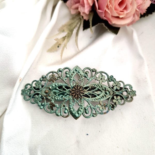 Teal green vintage inspired filigree barrette,retro style, handmade, high quality, brown and green French barrette, Chritmas gift ideas