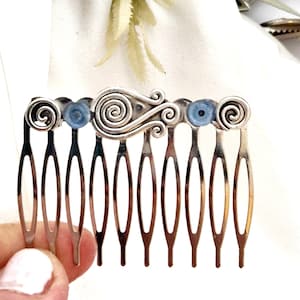 Blue rhinestones spiral hair comb,minimalist,silver hair comb,medium size hair comb,non slip,handmade, Celtic hair comb,gift for her