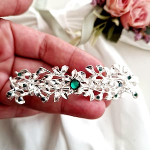 Emerald rhinestones silver barrette, bridal ,wedding barrette,bride,bridesmaid, prom,crystal and rhinestones, high quality, sparkling,leaves