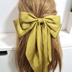 Oversized Satin Bow Barrette, Long Tail, Light Green Hair Clip