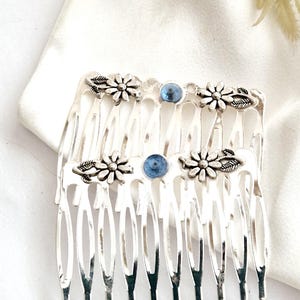 Set of 2 silver plated flowers hair comb,blue rhinestones,minimalist, handmade, Celtic, lrish flowers hair comb,wedding, non slip,silver