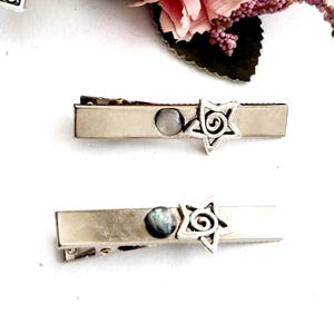Set of 2 silver alligator clips,star,pentagram,Celtic, large,non slip,something silver, handmade hair clips,silver side clip,celestial clip