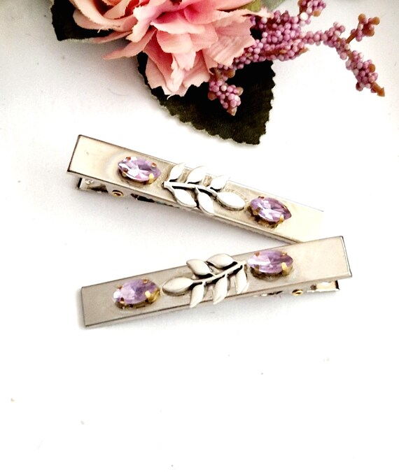 Set of 2 Pink Crystals Silver Leaf Clips,alligator,crocodile  display picture 1